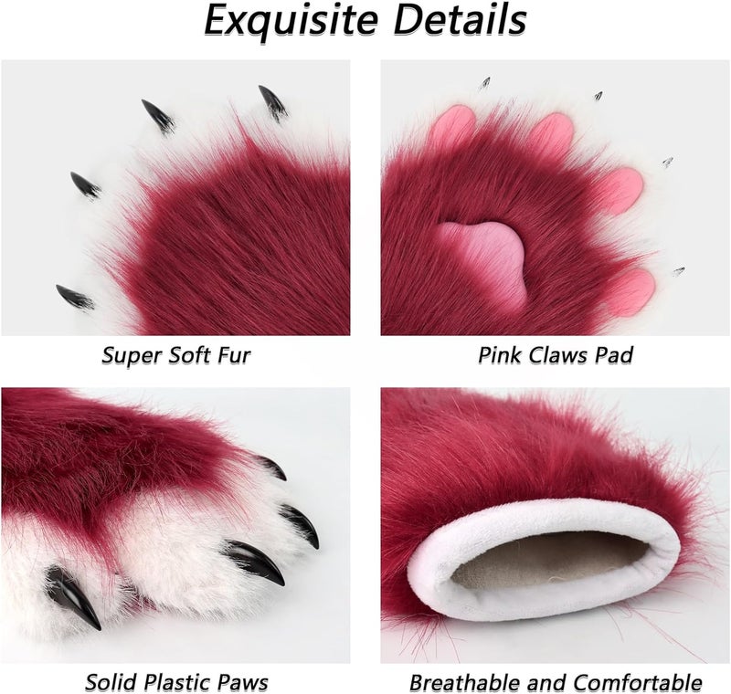 hbbhml Faux Fur Plush Furry Cat Claw Gloves Fursuit Animal Fox Paws Mittens Halloween Cosplay Costume Accessories for Adult - Image 5